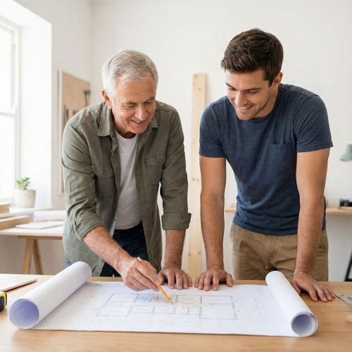 An older and a younger man, representing different generations, smiling while reviewing construction blueprints together on a table.