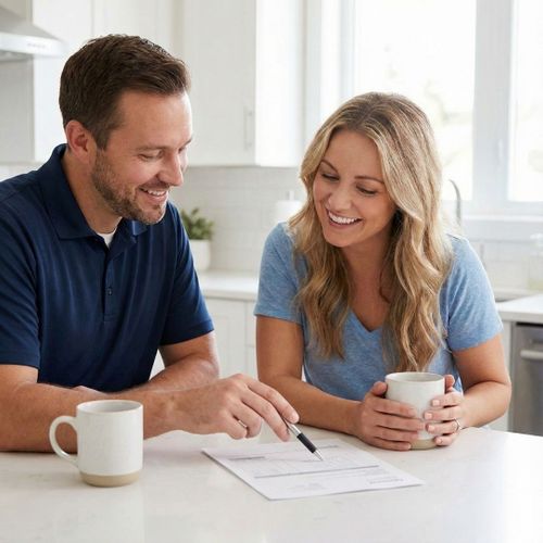 A contractor and a homeowner sitting at a kitchen table, happily reviewing a detailed estimate document together.