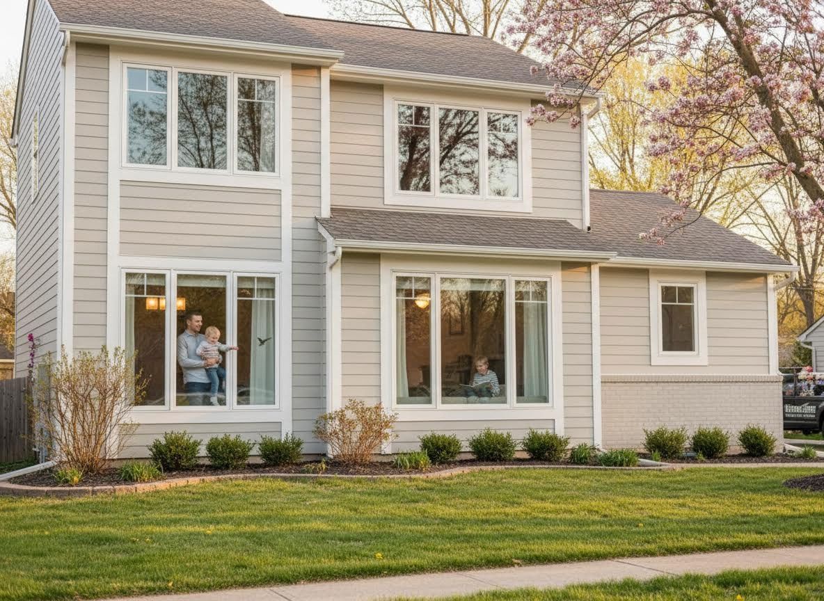 Modern Light Gray House with Family in Windows