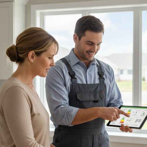 Contractor reviewing window specifications with homeowner on tablet