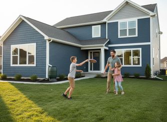 Family playing frisbee in front of a blue house