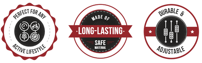 Badge 1: Perfect for any active lifestyle   Badge 2: Durable and adjustable   Badge 3: Made of reusable, long-lasting, safe material 