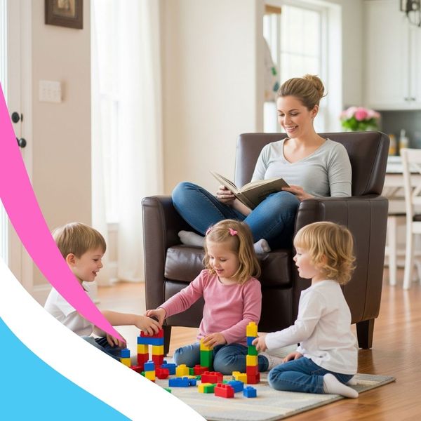 relaxed mom reads a book in a comfortable chair while her children play relaxed mom reads a book in a comfortable chair while her children play