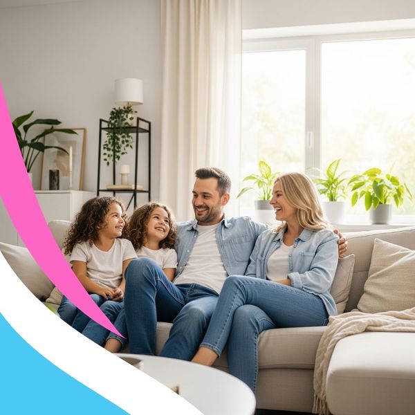happy family laughs together on their sofa in a perfectly clean living room happy family laughs together on their sofa in a perfectly clean living room