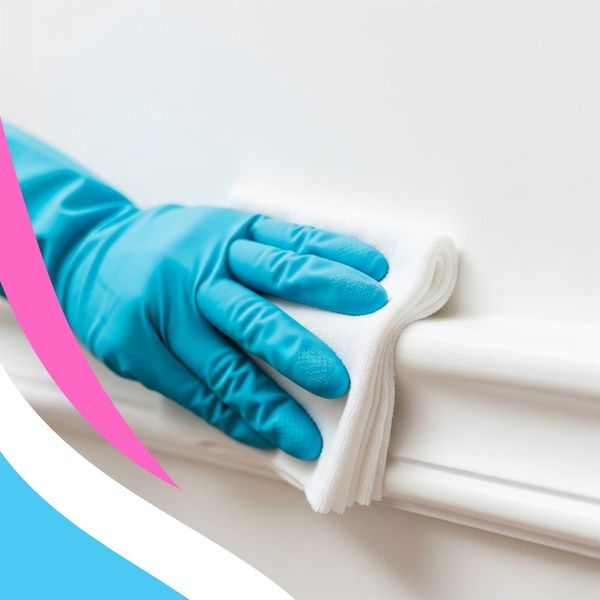 professional cleaner's gloved hand meticulously wipes a white baseboard professional cleaner's gloved hand meticulously wipes a white baseboard