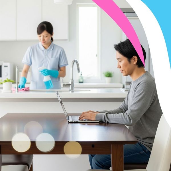 professional cleaner in the kitchen in the background while a homeowner works on a laptop professional cleaner in the kitchen in the background while a homeowner works on a laptop