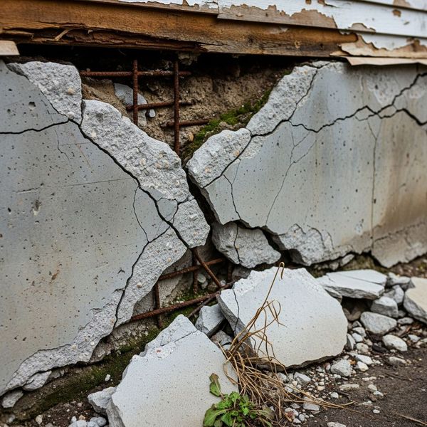 large, jagged crack runs through the damaged concrete foundation large, jagged crack runs through the damaged concrete foundation