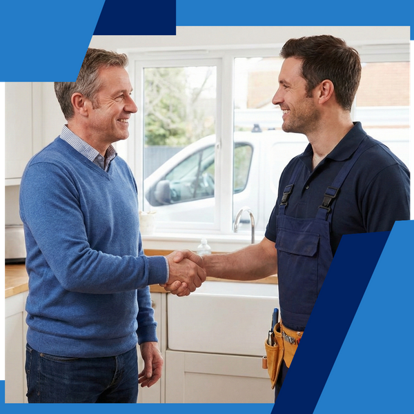 customer and plumber shaking hands