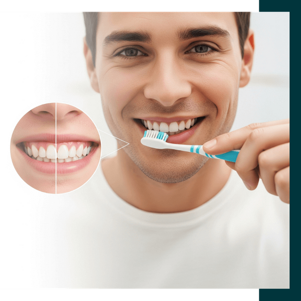 a patient gently brushing their teeth, showing healthy gums a patient gently brushing their teeth, showing healthy gums