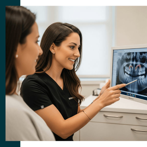 in a consultation, looking at digital X-rays or a 3D model on a screen, with a warm, caring interaction. in a consultation, looking at digital X-rays or a 3D model on a screen, with a warm, caring interaction.
