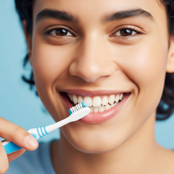 An individual demonstrating proper, gentle tooth brushing technique. An individual demonstrating proper, gentle tooth brushing technique.