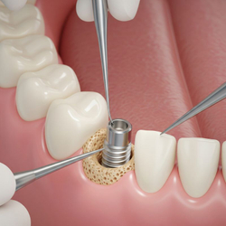 A dental implant being placed into healthy bone and gum tissue. A dental implant being placed into healthy bone and gum tissue.