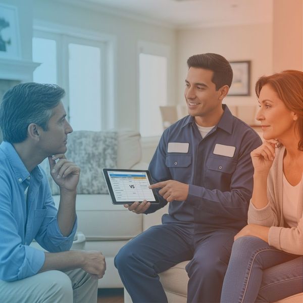 HVAC tech helping people decide on repair or replacement of their AC HVAC tech helping people decide on repair or replacement of their AC