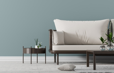 Interior wall paint with Scandinavian-style sofa and coffee table.