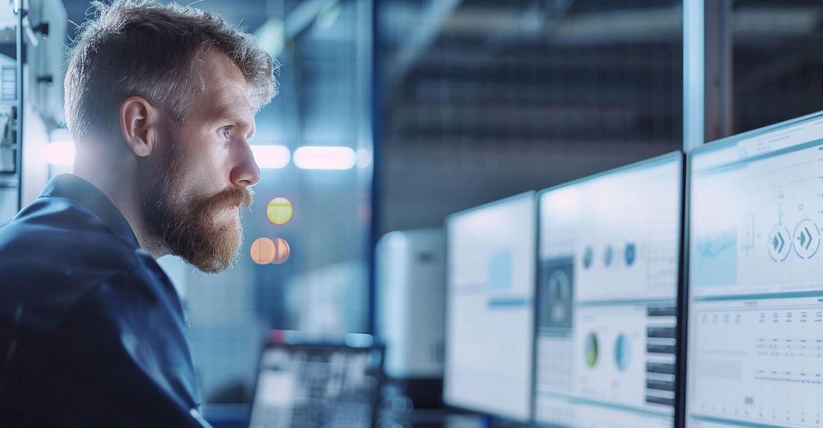 man looking at computer screens