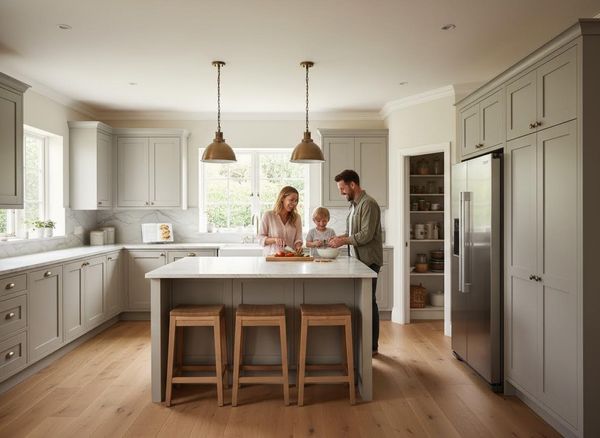 Family Cooking in a Modern Grey Kitchen