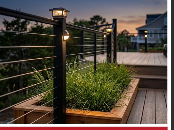 a custom integrated feature on a multi-level composite deck in Wilmington during early evening