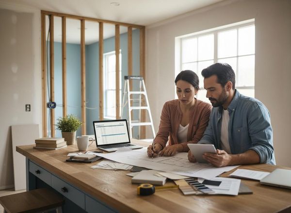 Couple planning home renovation with blueprints and digital tools