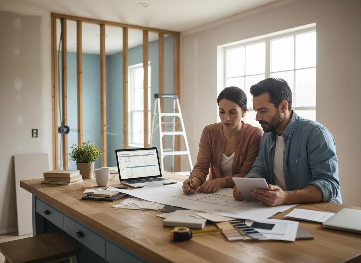 Couple planning home renovation with blueprints and digital tools