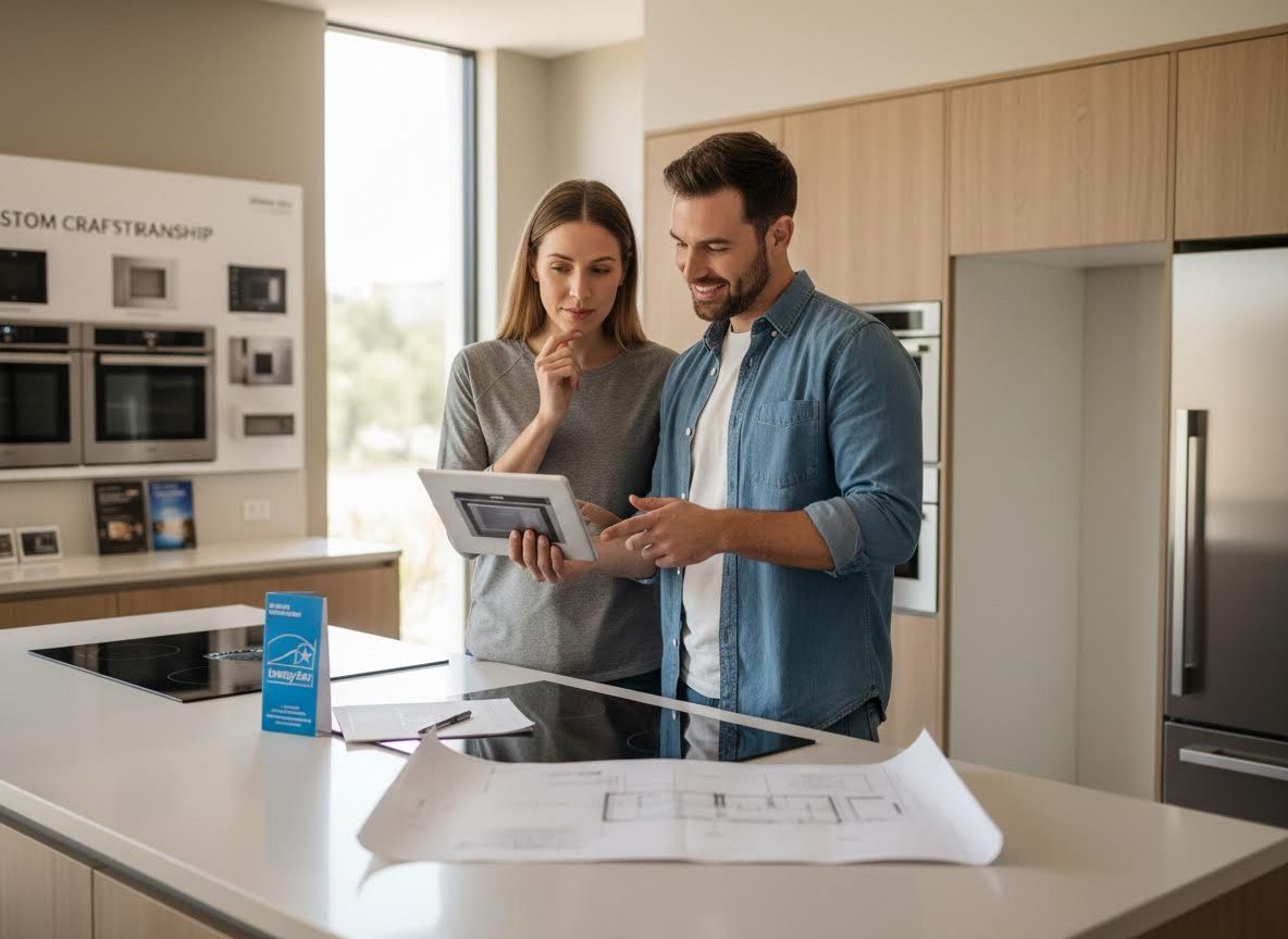 Couple reviewing kitchen plans on a tablet in a showroom