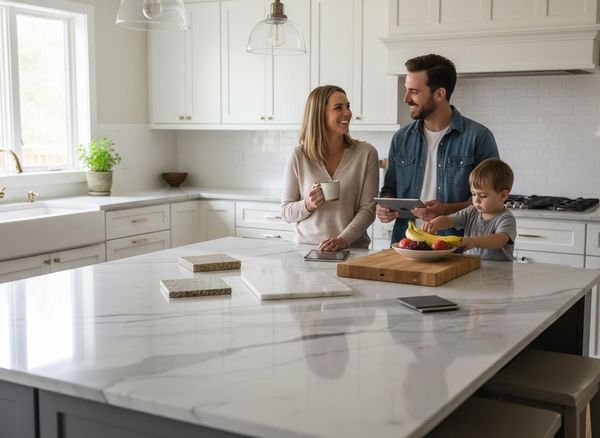 Happy Family in Modern Kitchen with Marble Island