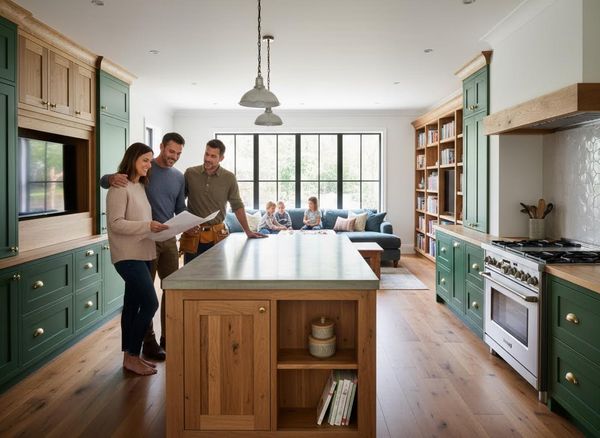 Family and Contractor Reviewing Kitchen Renovation Plans