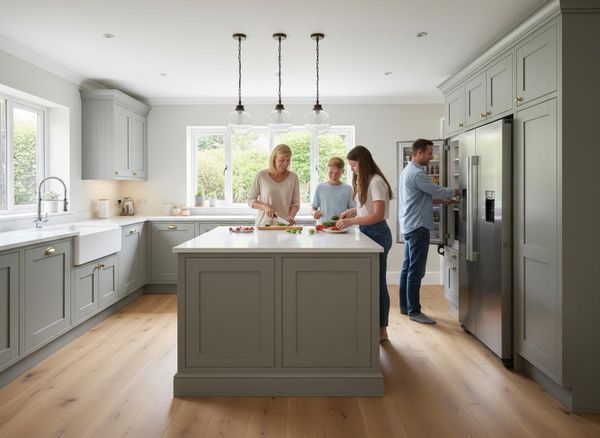 Family Preparing Meal in Modern Grey Kitchen