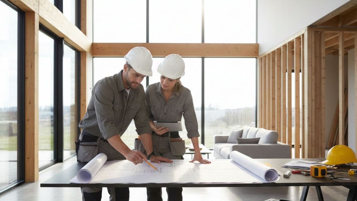 Professional contractors in safety vests discuss renovation blueprints inside a brightly lit, modern home interior.
