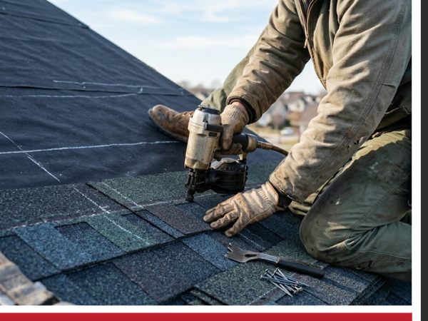 a professional roofer's gloved hand carefully aligning a dark architectural shingle against copper flashing during a detailed roof installation