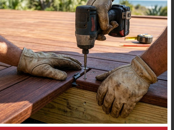 the hands of a skilled carpenter in work gloves using a high-quality impact driver to precisely secure rich, dark exotic hardwood (Ipe) decking boards