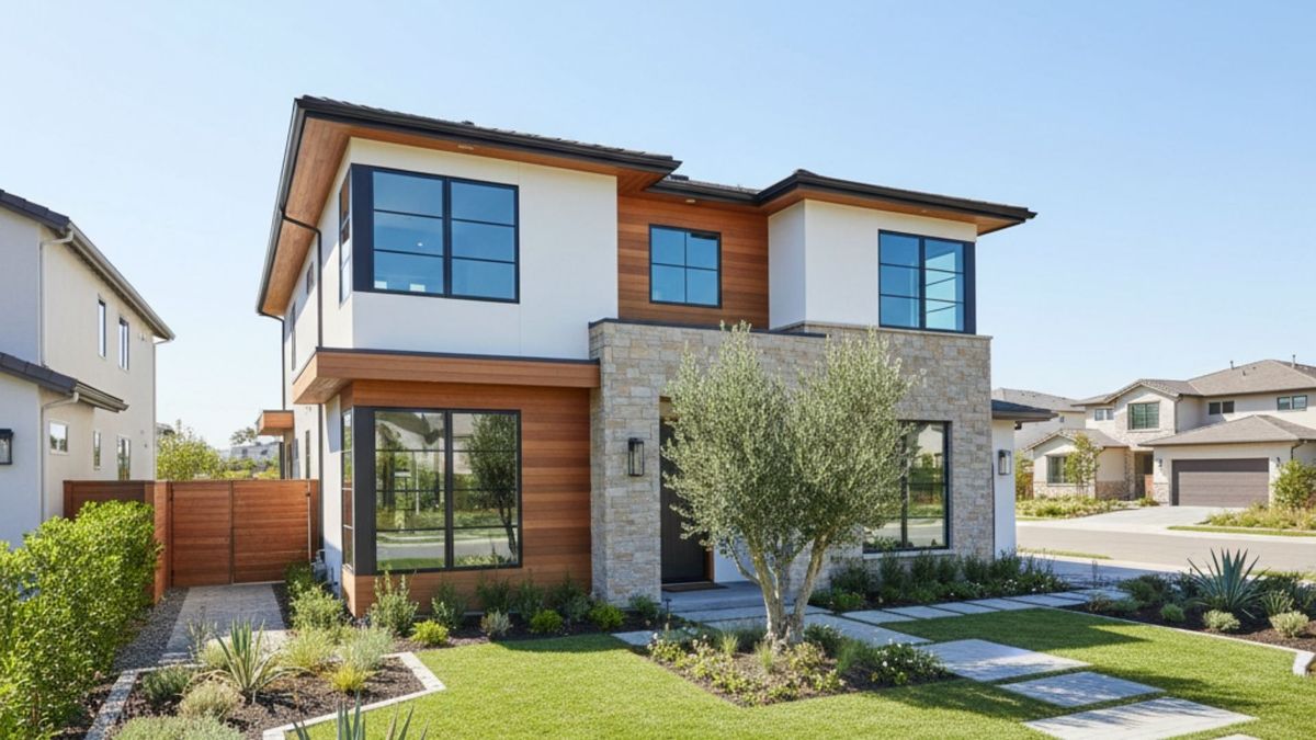 A stunning, sunlit modern home exterior featuring fresh paint and professional landscaping in a suburban neighborhood.