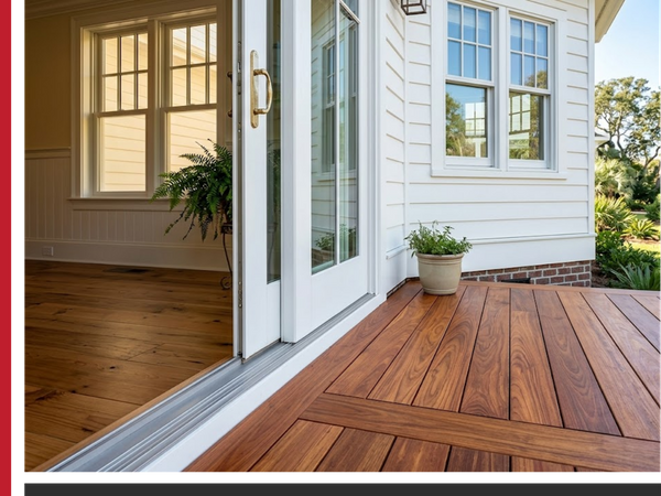 A sliding glass door with a white frame opens onto warm, exotic hardwood decking planks