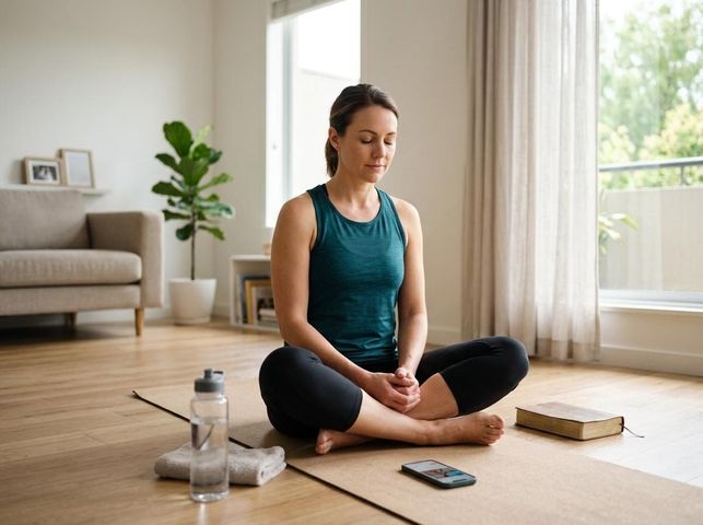 A woman in athletic wear meditates cross-legged on a yoga mat in a bright living room. A water bottle, phone, and book are beside her. Woman Meditating at Home