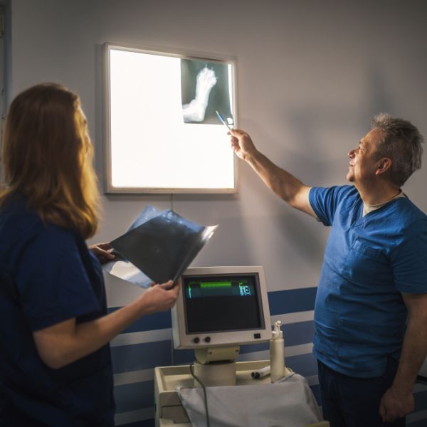 Two techs looking at at x ray