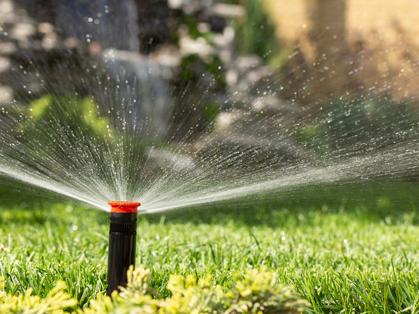 A lawn sprinkler spraying water on the grass