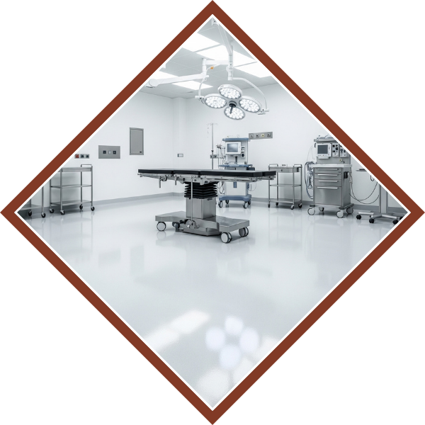 A clean, well-lit hospital operating room with a seamless, easy-to-clean epoxy floor. Hospitals2.png