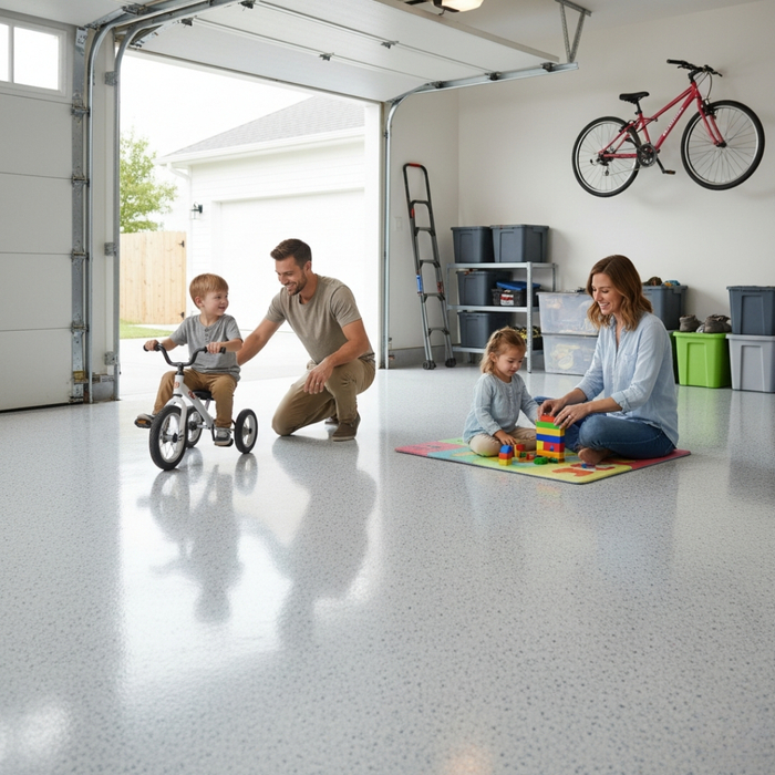 Family enjoying a clean, durable garage floor