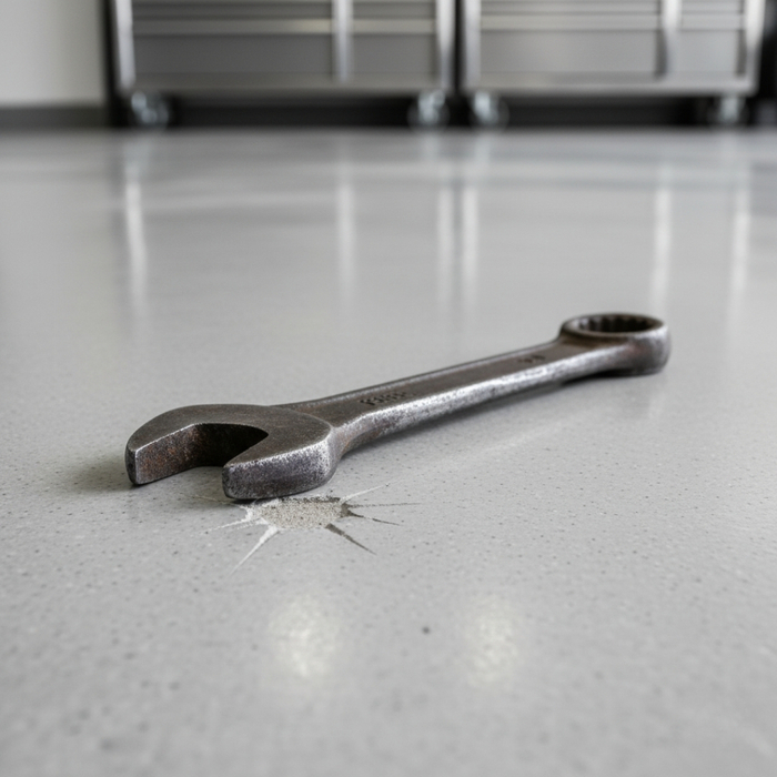 Close-up of a scuff mark in a concrete floor coating caused by a heavy, dropped metal tool.
