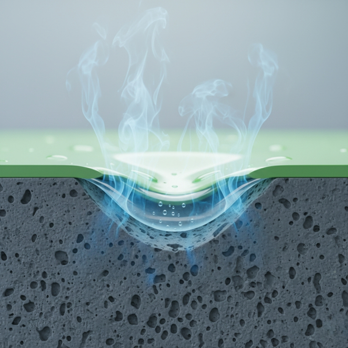 Conceptual diagram showing moisture vapor rising through a concrete slab and causing a coating to delaminate.