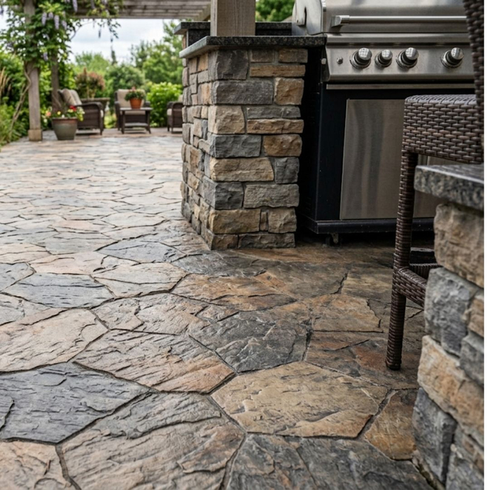 An outdoor patio features a beautifully textured stamped concrete floor mimicking natural slate.
