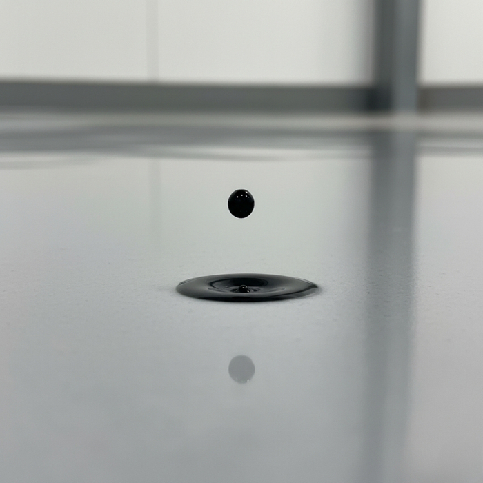 close-up of a dark liquid drop making contact with a high-gloss protective concrete coating.