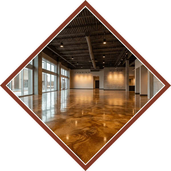 high-gloss polyurethane sealer over a warm earth-tone stained concrete floor
