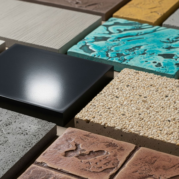 A close-up of various colorful and textured decorative concrete coating samples