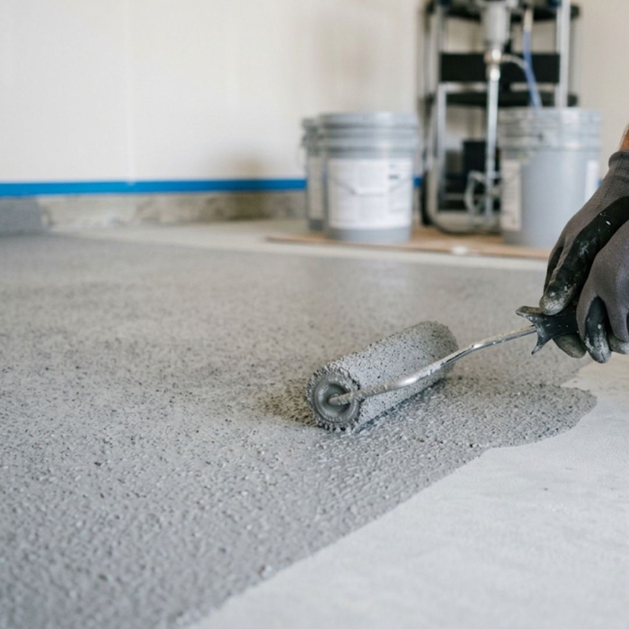A professional contractor applying a slip-resistant concrete coating.
