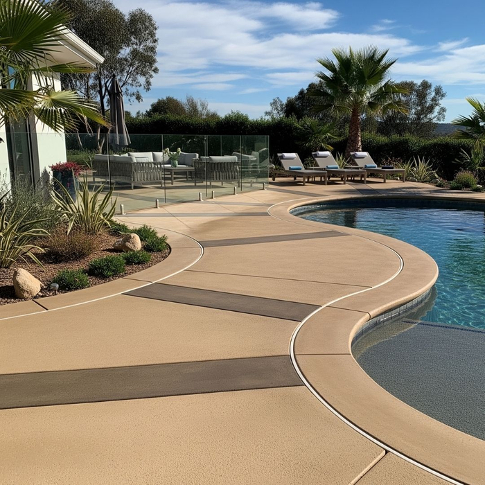 A modern swimming pool area with a safe and stylish decorative concrete deck