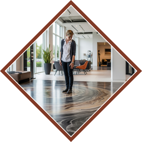 An interior designer's rendering of a showroom with a textured, decorative concrete floor. Showrooms2.png
