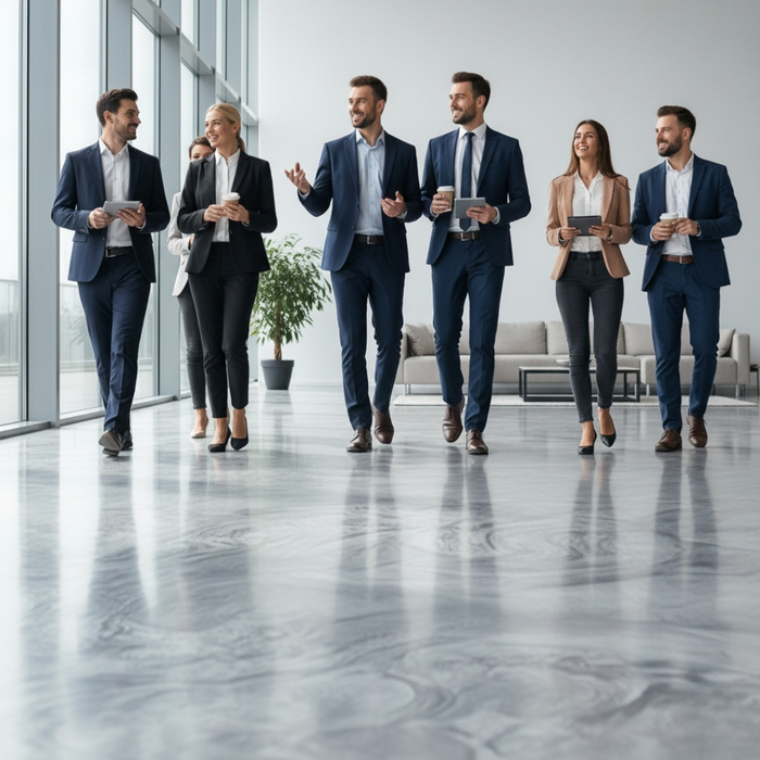 Diverse group of people walking on a modern, seamless floor