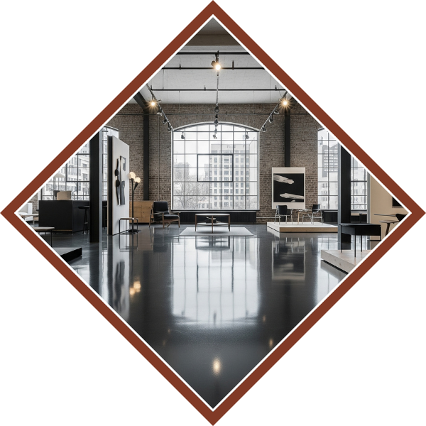 A customer and a contractor discussing a showroom floor plan with different concrete coating options. Showrooms4.png