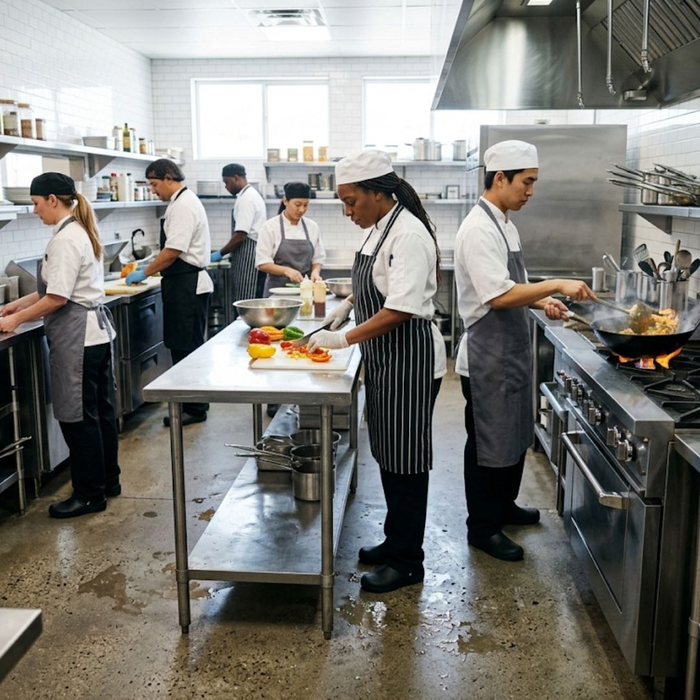 Kitchen staff working on a slip-resistant concrete floor.
