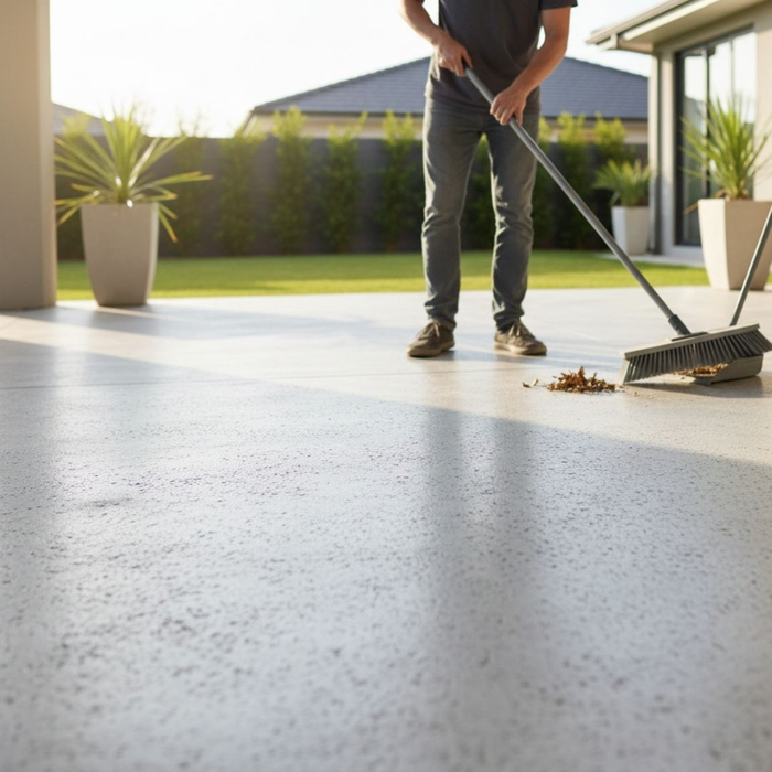 A person easily sweeping debris from a decorative concrete patio with a broom